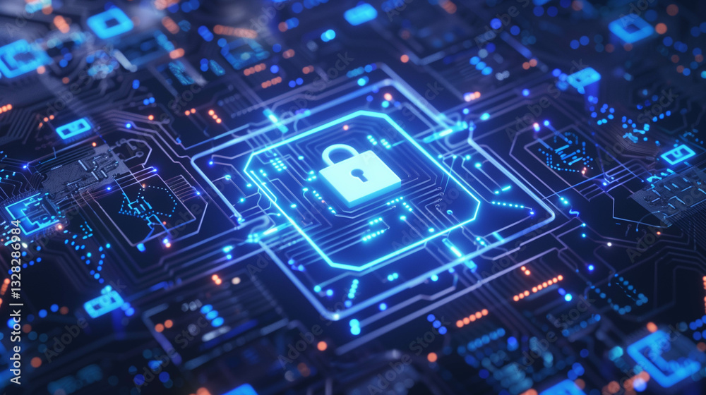 Glowing digital lock on a high-tech circuit board symbolizing cybersecurity, encryption, and secure data protection Glowing digital lock on a high-tech circuit board symbolizing cybersecurity, encryption, and secure data protection