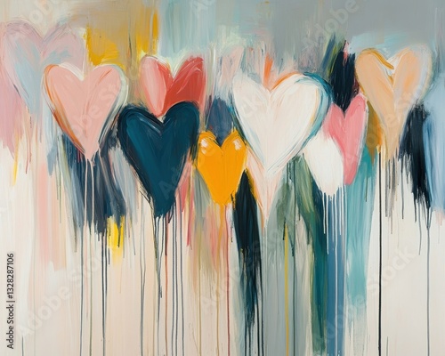 A vibrant painting featuring a cluster of colorful hearts, prominently showcasing a bright yellow heart and a soft pink heart among the others, creating a joyful and whimsical atmosphere. photo