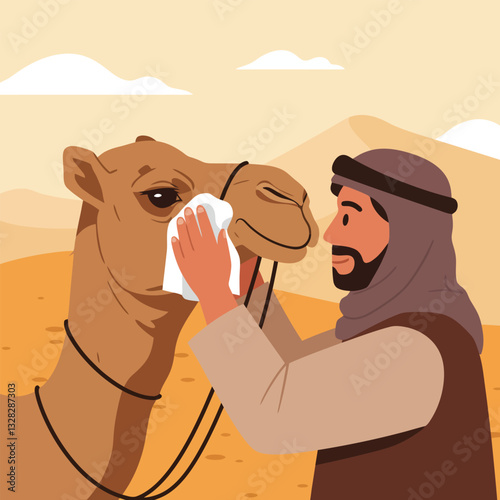 Man Cleaning Camel Face in Desert Landscape Illustration Graphic