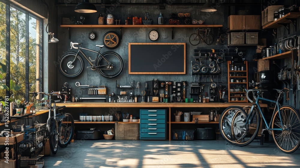 Fototapeta premium Bicycle repair workshop urban garage visual content organized environment wide angle diy maintenance guide