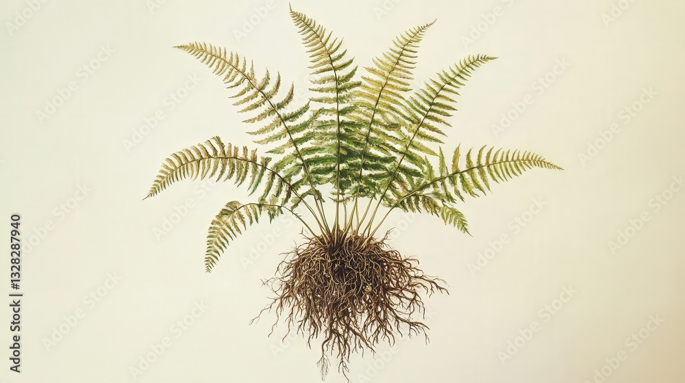 fern, detailing its root system, fronds, and reproductive spores, showcasing its unique growth pattern fern, detailing its root system, fronds, and reproductive spores, showcasing its unique growth pattern