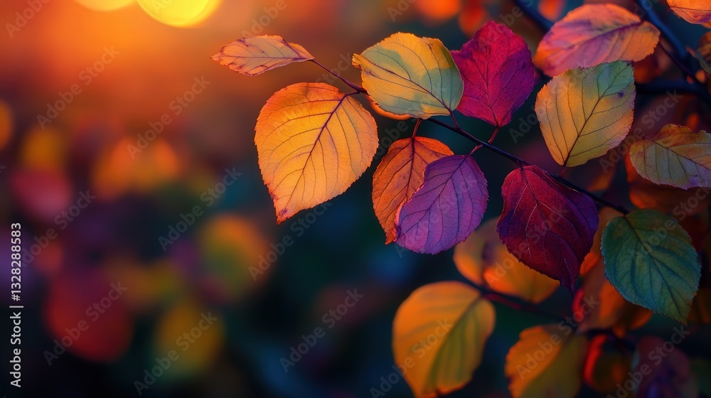 leaves in a variety of colors deep greens, yellows, and reds under the light of a setting sun. leaves in a variety of colors deep greens, yellows, and reds under the light of a setting sun.