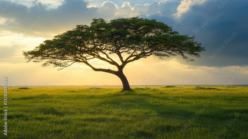 Fototapeta premium rain tree swaying gently in the wind, with its long branches stretching out across a wide open field of green grass