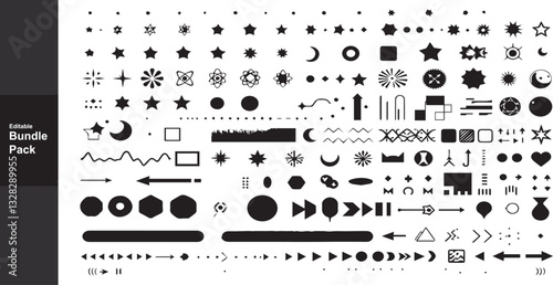 Black & White Doodle Icon Set: Stars, Moons, Arrows, Shapes, & Decorative Elements Vector Bundle for Graphic Design & Bullet Journaling Resources