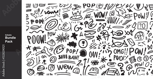 Hand-Drawn Comic Book Style Vector Graphics: Pop Art Speech Bubbles, Explosions, and Exclamations for Design Elements & Creative Projects