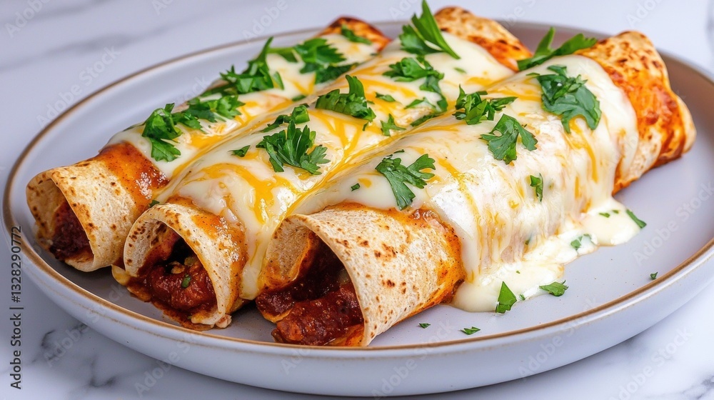 Delicious enchiladas topped with melted cheese and fresh herbs, served on a stylish plate. Delicious enchiladas topped with melted cheese and fresh herbs, served on a stylish plate.