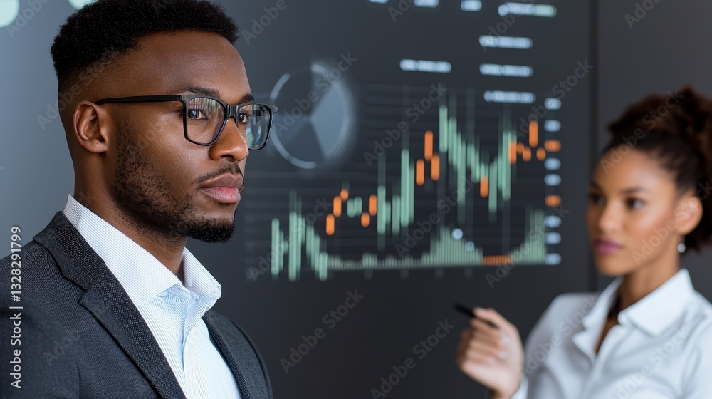 A professional discussion about financial data, featuring a man in a suit and a woman presenting insights using a digital chart backdrop.