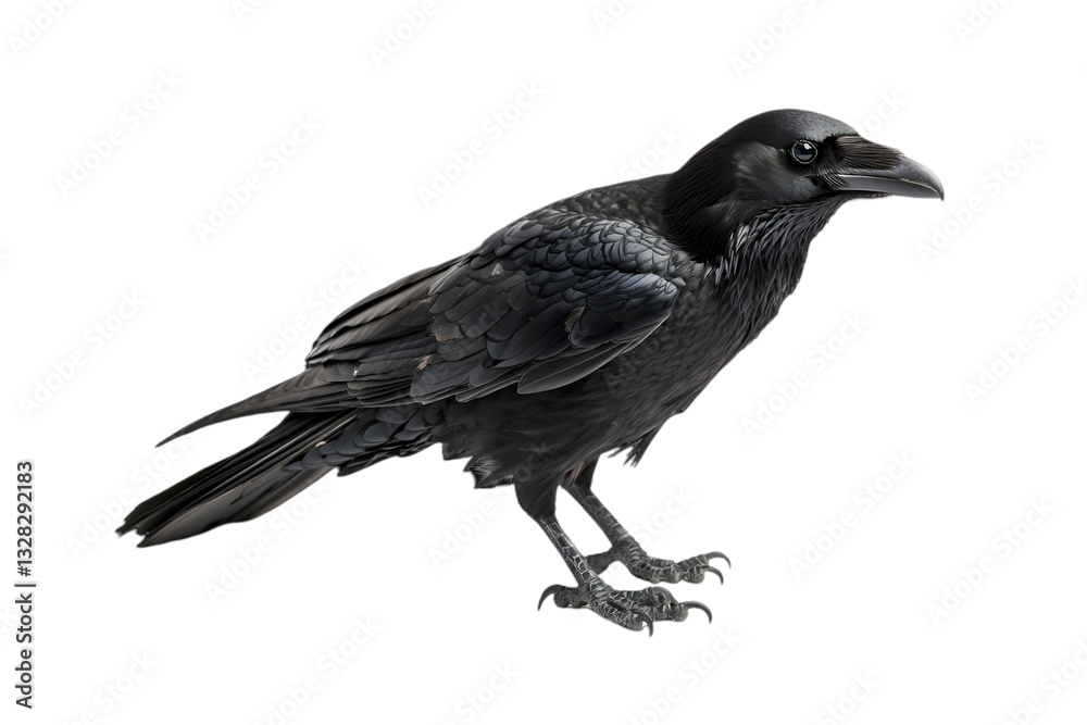 Fototapeta premium Detailed Portrait of a Glossy Black Raven with Intricate Feathers on Transparent Background Wildlife Close Up