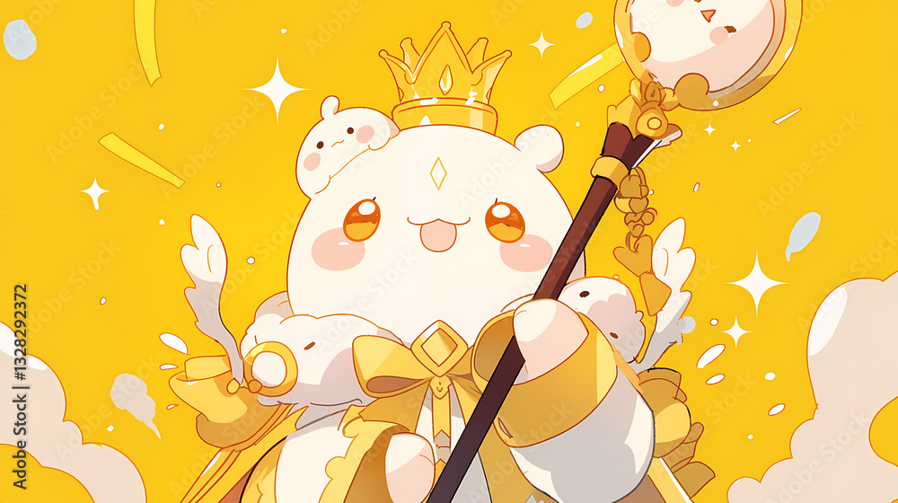 Fototapeta premium Adorable cartoon character resembling a royal figure, surrounded by fluffy companions against a bright yellow background