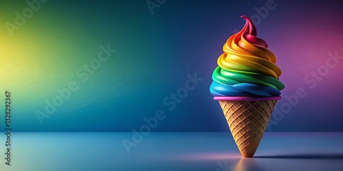 Colorful Rainbow Soft Serve Ice Cream in Cone on Vibrant Gradient Background