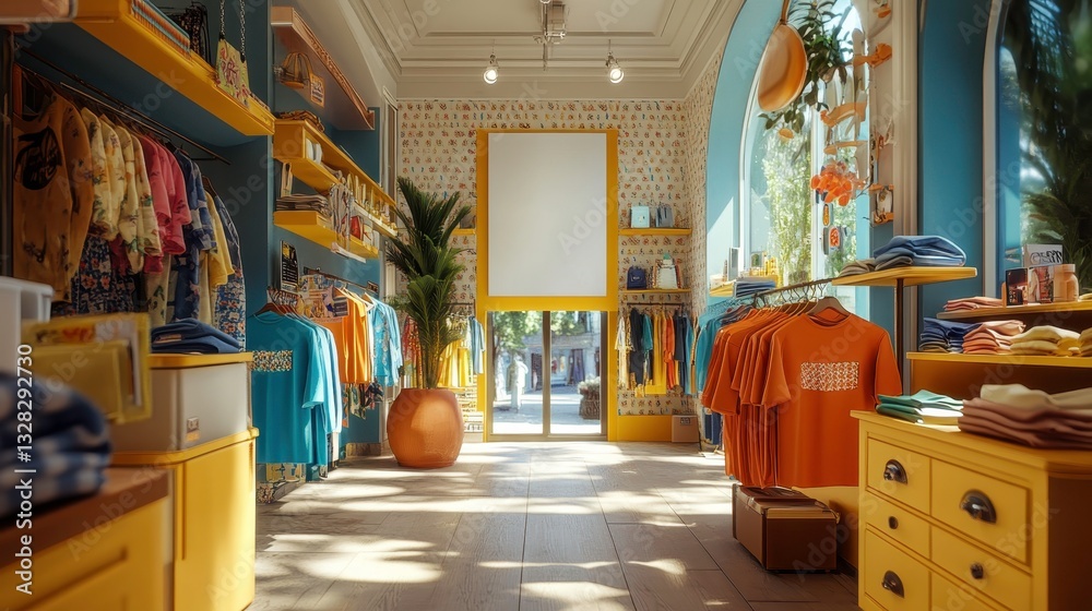 Fototapeta premium Vibrant retail fashion store interior urban location photography bright environment wide angle view shopping concept