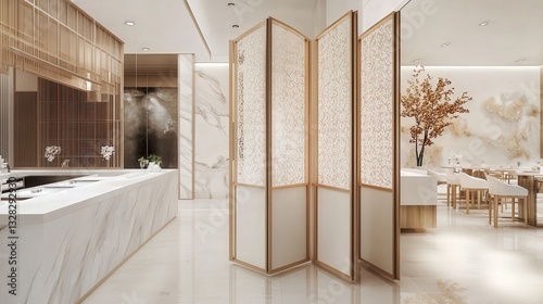 kitchen where clean white countertops complement a delicate folding screen  creating a sophisticated and open atmosphere near a white wall