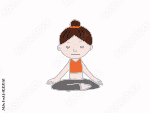 A woman with a cute face and hair tied up in an illustration is meditating in yoga to regulate her breathing