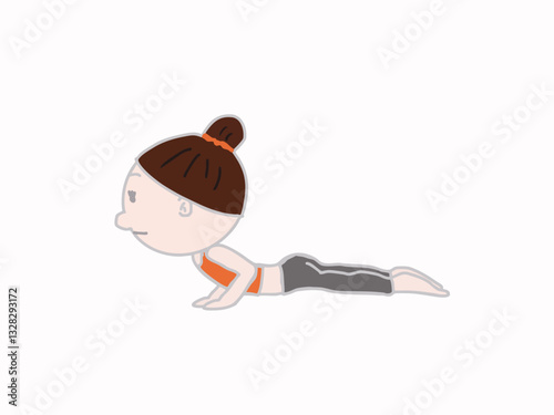 A side view of a cute-faced woman with her hair tied up doing the cobra pose in yoga.