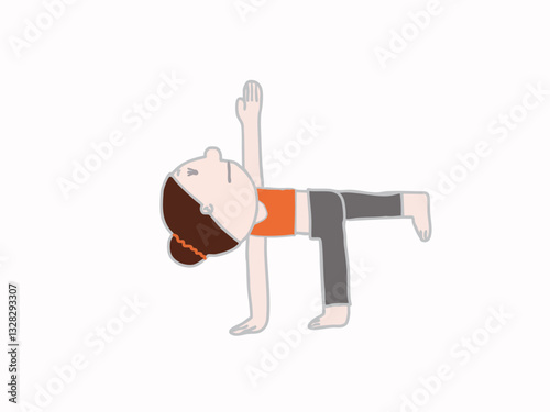 A side view of an illustrated woman with a cute face and hair tied up doing the twisted half moon yoga pose