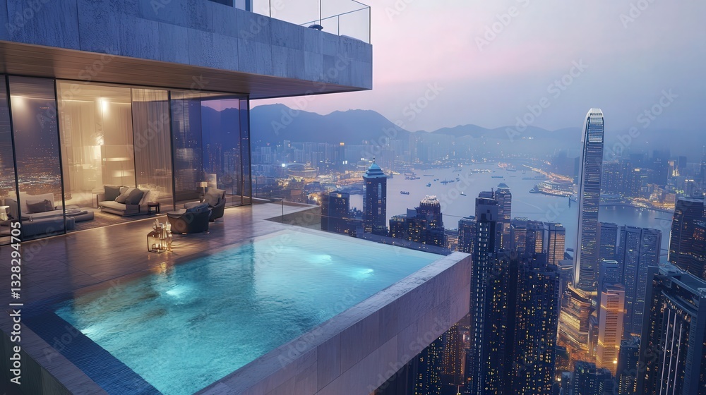 Naklejka premium penthouse suite located at the top of a skyscraper, featuring expansive terraces, a private infinity pool, and panoramic city views with contemporary design elements.
