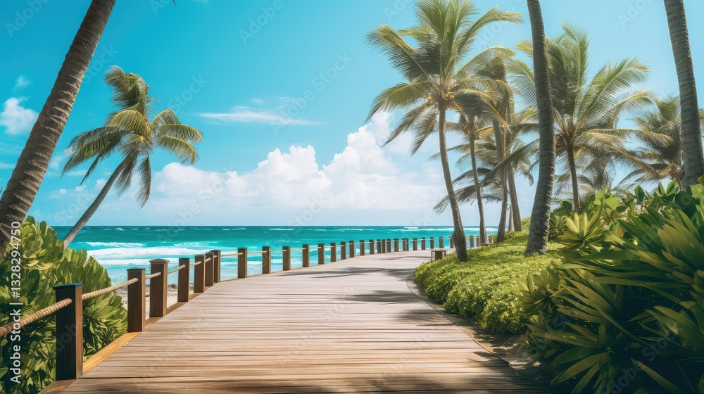 Fototapeta premium boardwalk palm trees ocean