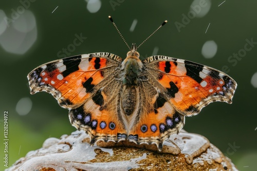 Colorful butterfly resting on a stone during a rain shower photo