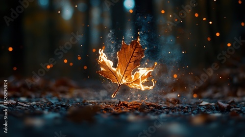 Fototapeta Naklejka Na Ścianę i Meble -  dry autumn leaf catching fire as it falls from a tree.