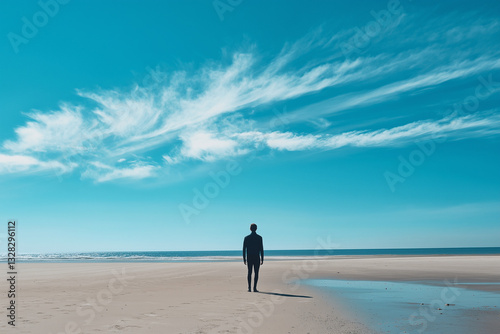 man walking on the beach looking out to see with blue sky and clouds 
