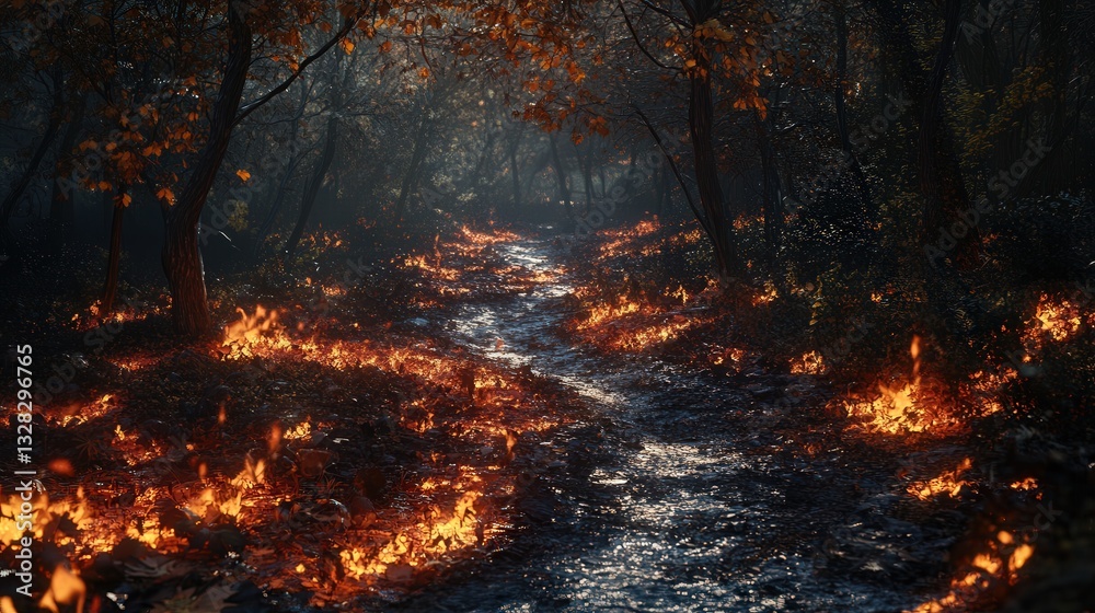 forest trail lost beneath layers of burning leaves. forest trail lost beneath layers of burning leaves.
