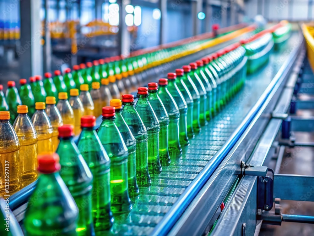 Fototapeta premium Recycling Plant Conveyor Belt: Empty Plastic Bottles for Processing