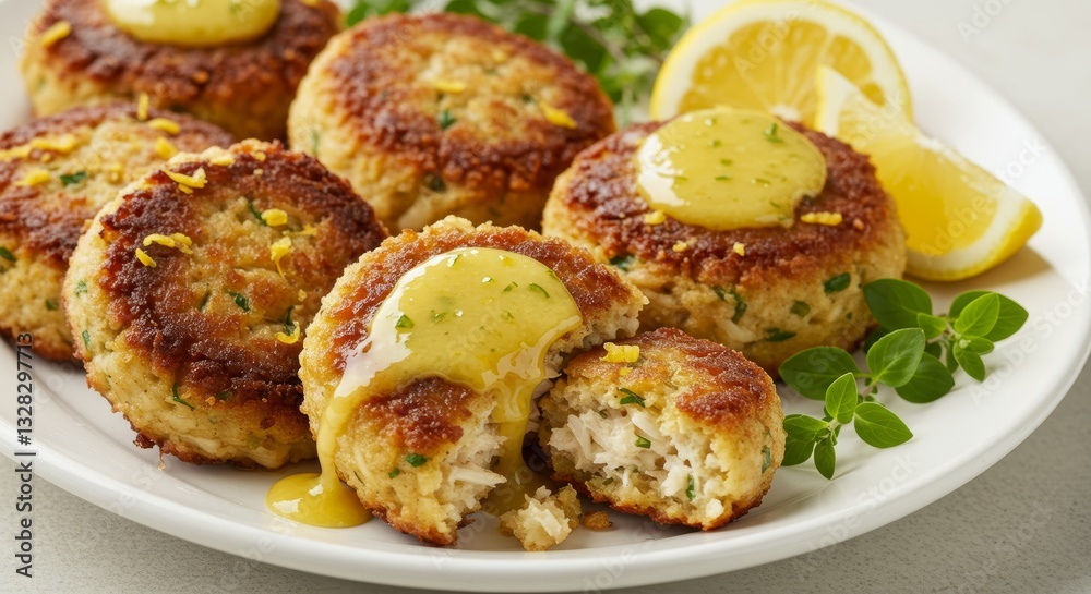 Fototapeta premium Delicious Golden Brown Crab Cakes with Lemon Sauce Garnish and Close up View