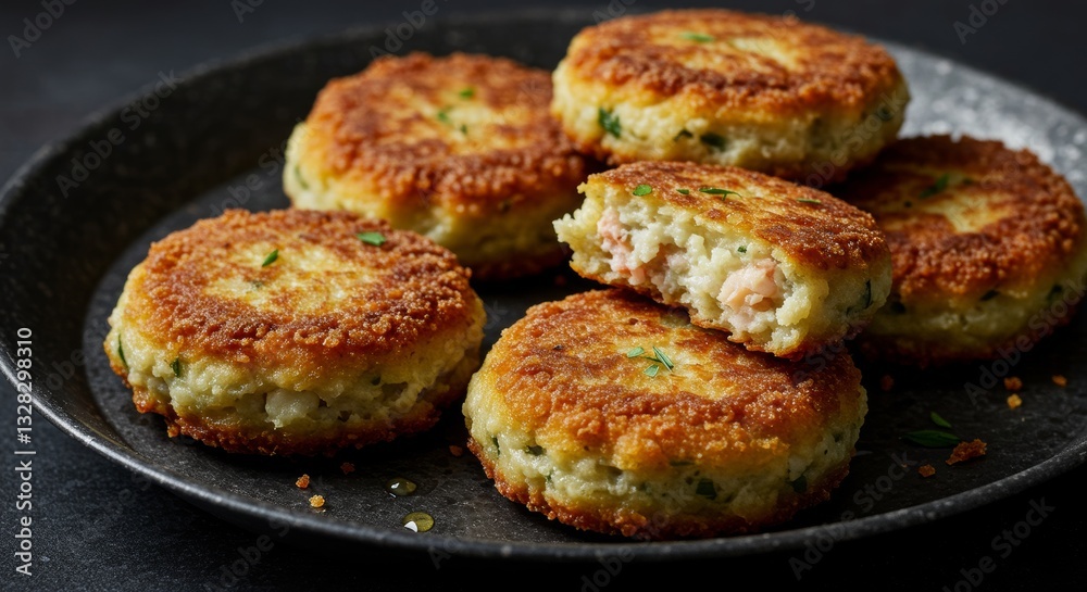 Delicious Crispy Fried Fish Cakes Close up View Seafood Appetizer