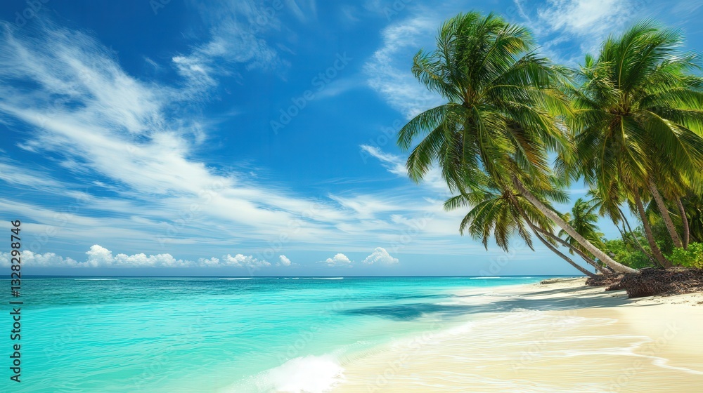tropical summer beach scene, with palm trees swaying, bright turquoise waters, and a cool breeze. tropical summer beach scene, with palm trees swaying, bright turquoise waters, and a cool breeze.