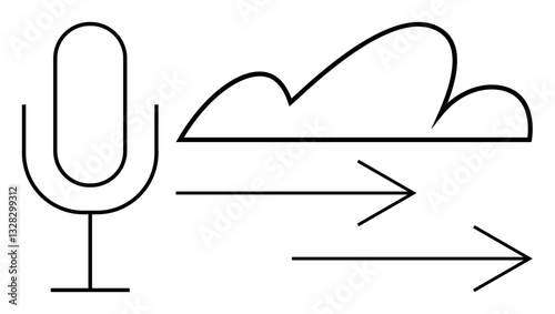 Microphone, cloud, and arrows represent voice data transfer, cloud storage, and digital communication. Ideal for technology, communication, cloud computing, voice recognition data management AI