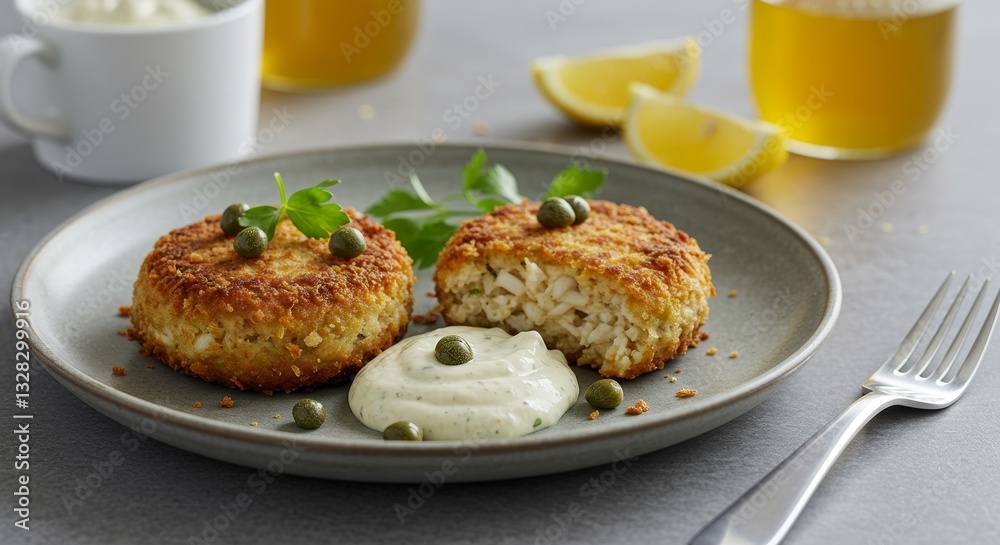 Delicious Crispy Crab Cakes with Creamy Dill Sauce Garnish Close up Delicious Crispy Crab Cakes with Creamy Dill Sauce Garnish Close up