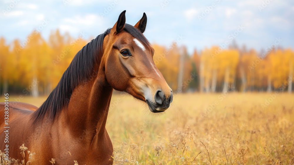 Fototapeta premium A close-up of a brown horse in a golden field with autumn trees in the background.