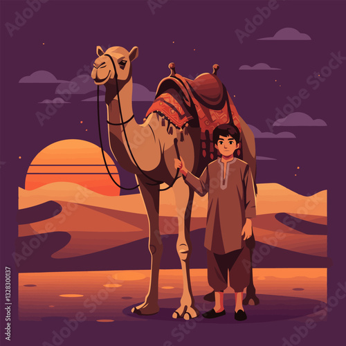 Boy with Camel in Desert at Sunset Tranquil Travel Scene