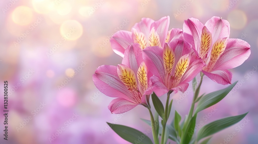 Close-up of delicate pink Alstroemeria flowers with yellow centers against a soft, bokeh background. Close-up of delicate pink Alstroemeria flowers with yellow centers against a soft, bokeh background.