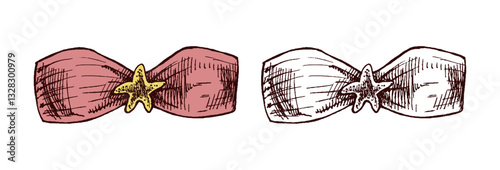 Hand drawn colored and monochrome sketch of bandeau bikini top with starfish detail in vintage style