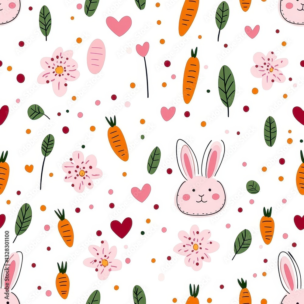 Cute Bunny Rabbit Seamless Pattern with Pink Flowers and Orange Carrots Cute Bunny Rabbit Seamless Pattern with Pink Flowers and Orange Carrots