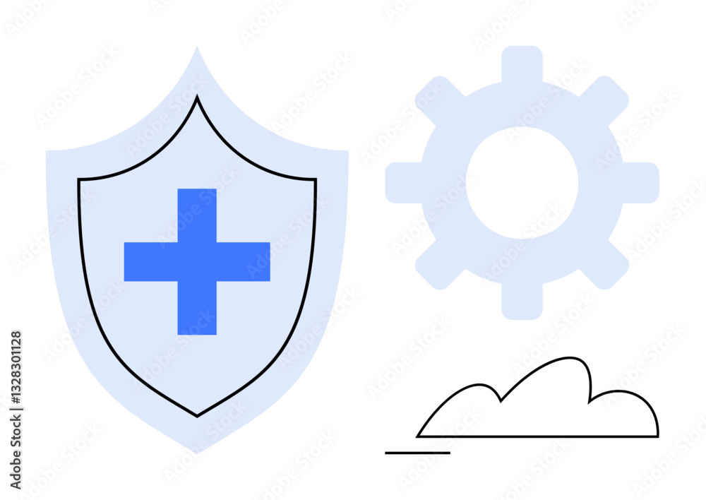 Shield with cross symbol, gear representing process or technology, and cloud outline for datacloud services. Ideal for security, healthcare, tech innovation, digital tools, data management, cloud Shield with cross symbol, gear representing process or technology, and cloud outline for datacloud services. Ideal for security, healthcare, tech innovation, digital tools, data management, cloud