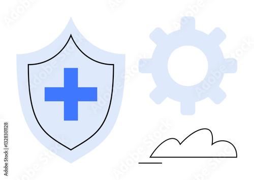 Shield with cross symbol, gear representing process or technology, and cloud outline for datacloud services. Ideal for security, healthcare, tech innovation, digital tools, data management, cloud