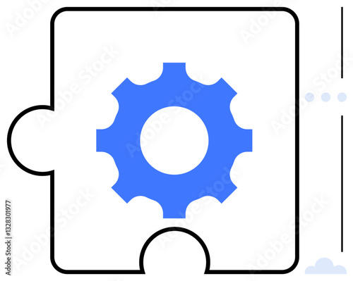 Blue gear inside puzzle piece emphasizing teamwork, integration, efficiency, cooperation, strategy, connection, solutions. Ideal for innovation, technology process mechanics planning flat simple