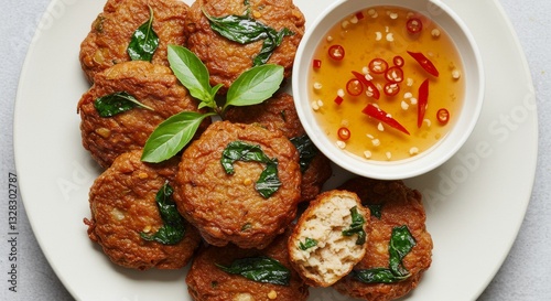 Delicious Thai Fish Cakes with Spicy Sweet Chili Sauce Garnish and Close Up
