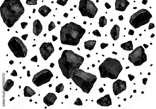 falling rocks, charcoal and coal on white background illustration