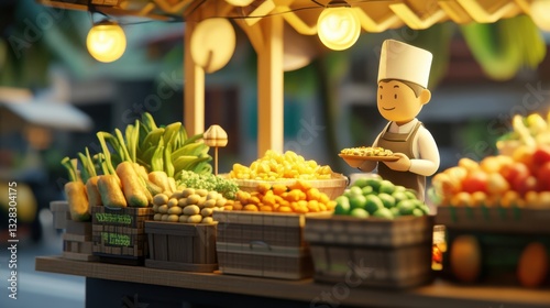3D vendor selling traditional street food at a bright