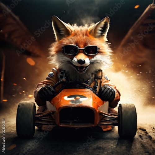an AI Image Generator, Energetic Fox Driving an Orange Racing Car i