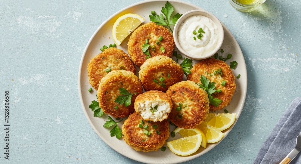 Delicious Golden Brown Crab Cakes with Creamy Dill Sauce Lemon Wedges and Fresh Herbs Delicious Golden Brown Crab Cakes with Creamy Dill Sauce Lemon Wedges and Fresh Herbs