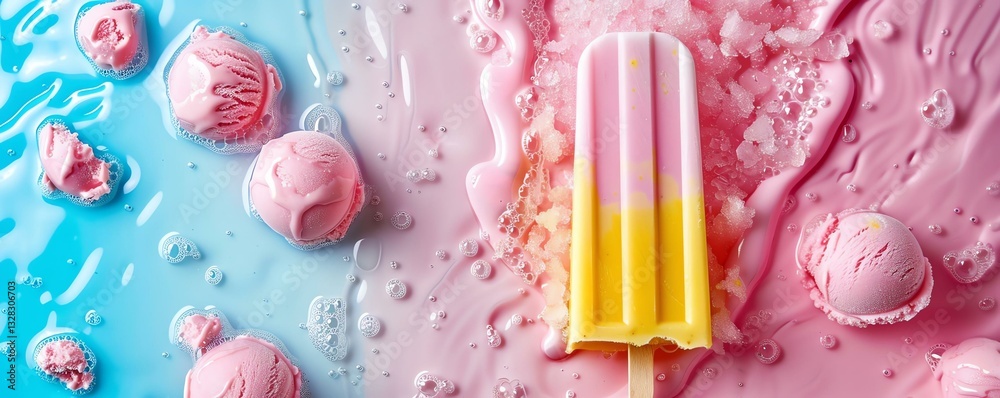 A vibrant arrangement of colorful ice cream and popsicles on a playful backdrop of pink and blue. This delicious scene captures the essence of summer treats and indulgence. A vibrant arrangement of colorful ice cream and popsicles on a playful backdrop of pink and blue. This delicious scene captures the essence of summer treats and indulgence.
