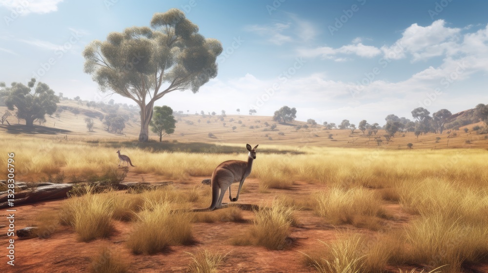 Naklejka premium Australian Kangaroo in Sunny Savannah