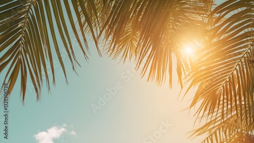 A bright and sunny tropical scene looking up through palm fronds towards a clear blue sky with the sun shining through, creating a warm and summery feeling.