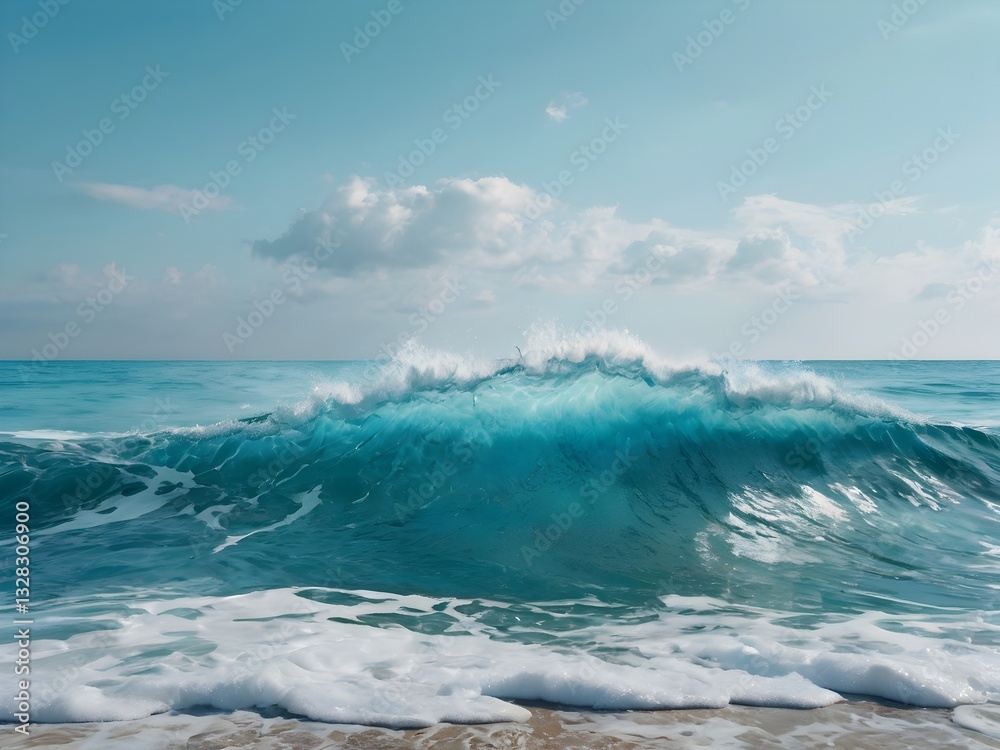 Fototapeta premium A dynamic close-up of a powerful wave crashing in the ocean, showcasing the translucent blue water, white foam, and the movement of the sea.