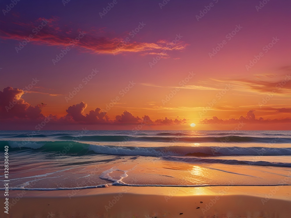 Obraz premium A stunning sunset seascape with vibrant orange and purple hues painting the sky, reflecting on the wet sandy beach and gentle waves rolling towards the shore.