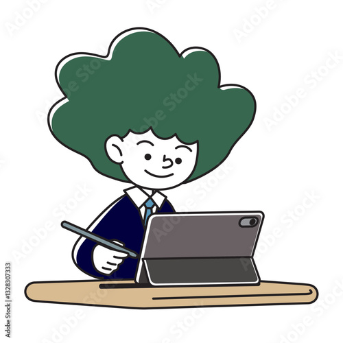タブレット端末で学習をする笑顔の子供のベクターイラスト